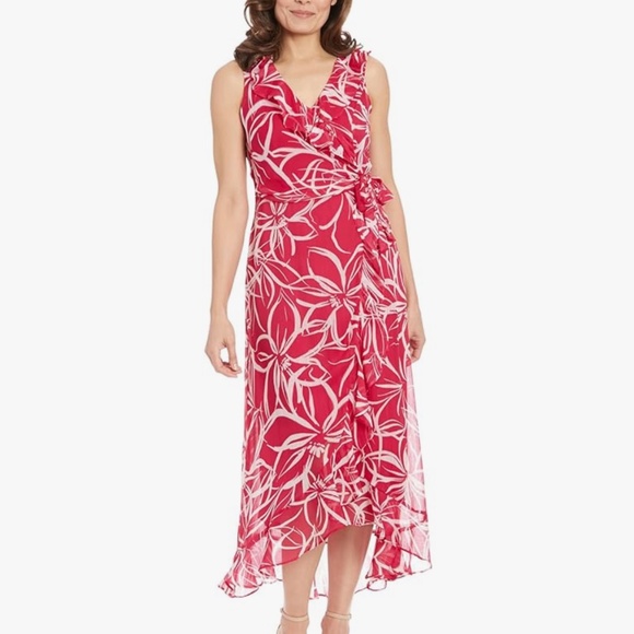 London Times Womens Sleeveless Ruffle Detail Faux Wrap Tie Midi Dress Size 10P - Picture 1 of 16